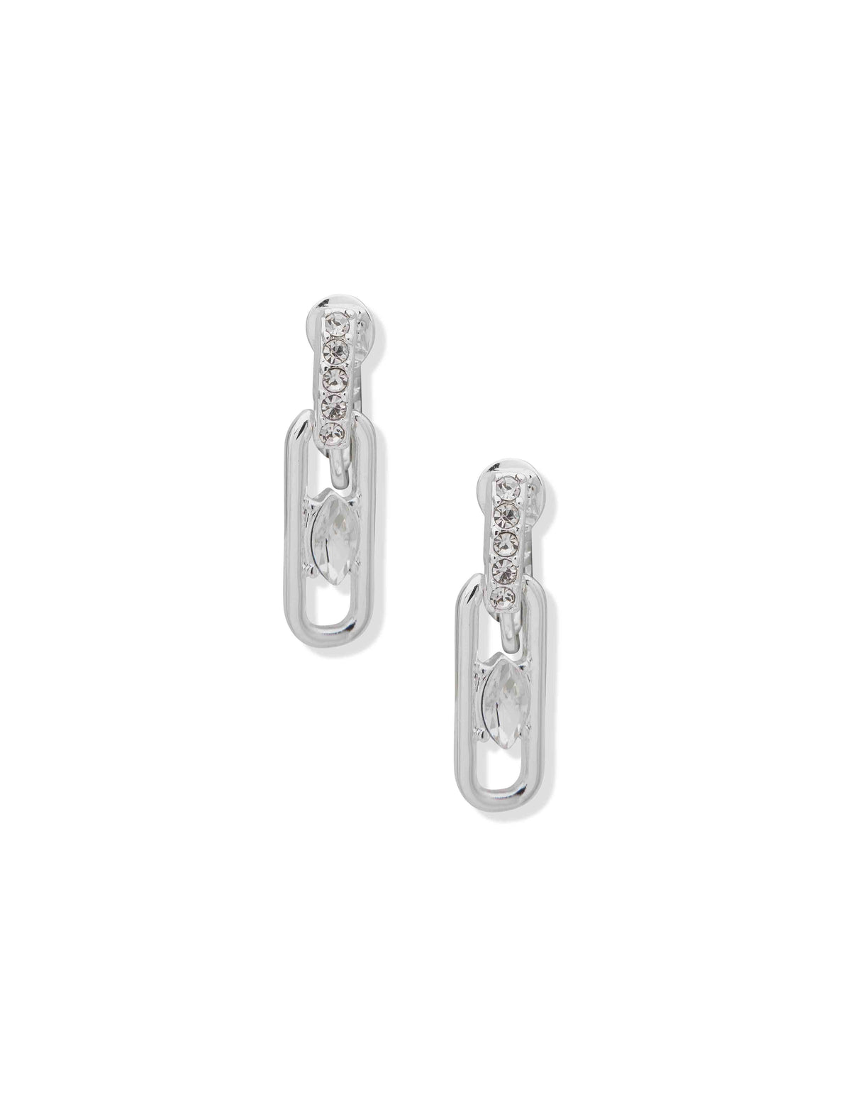 Anne Klein Silver Tone Link Navette Stone Drop Crystal Clip Earrings