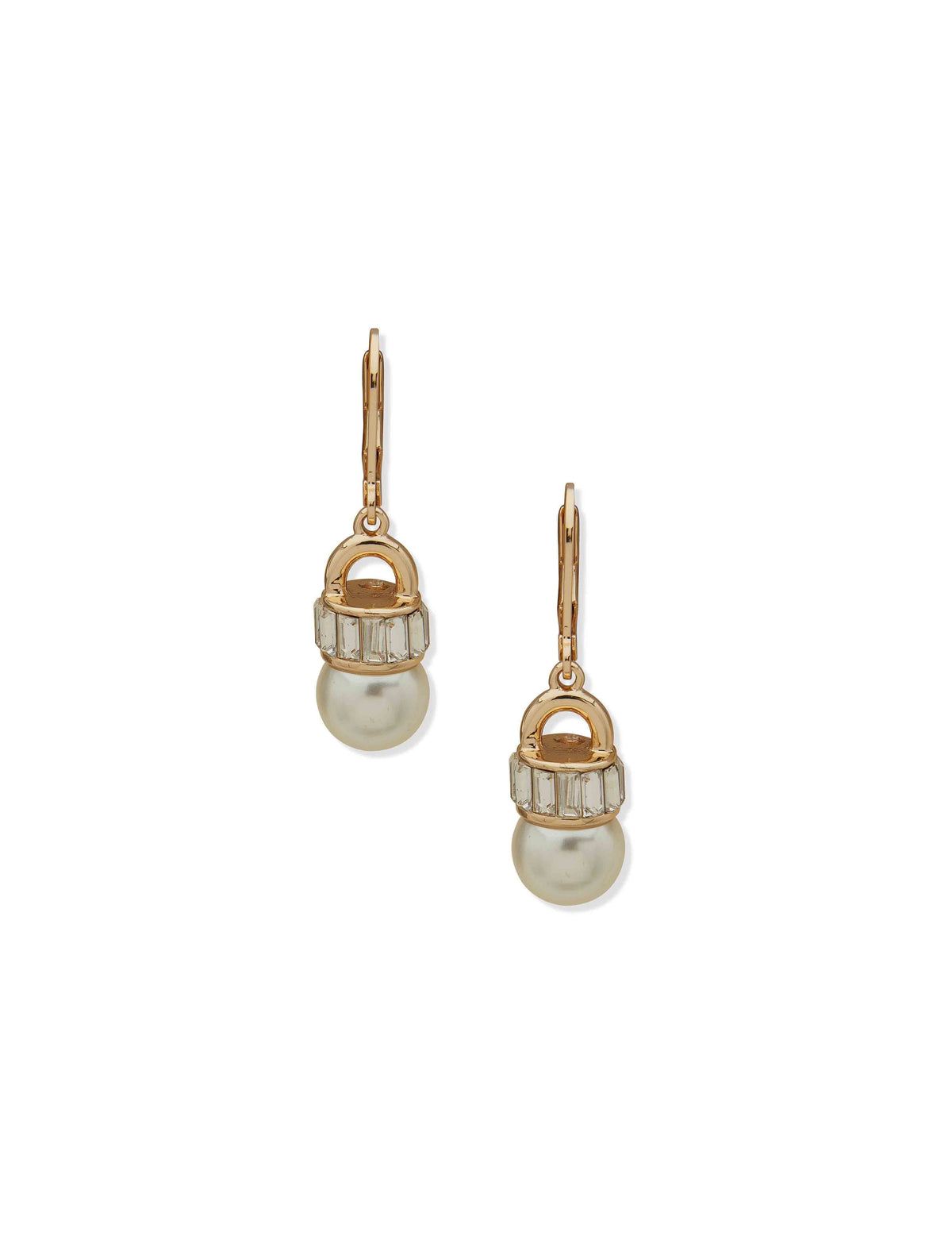 Anne Klein Gold Tone Faux Pearl &amp; Stone Baguette Leverback Drop Earrings