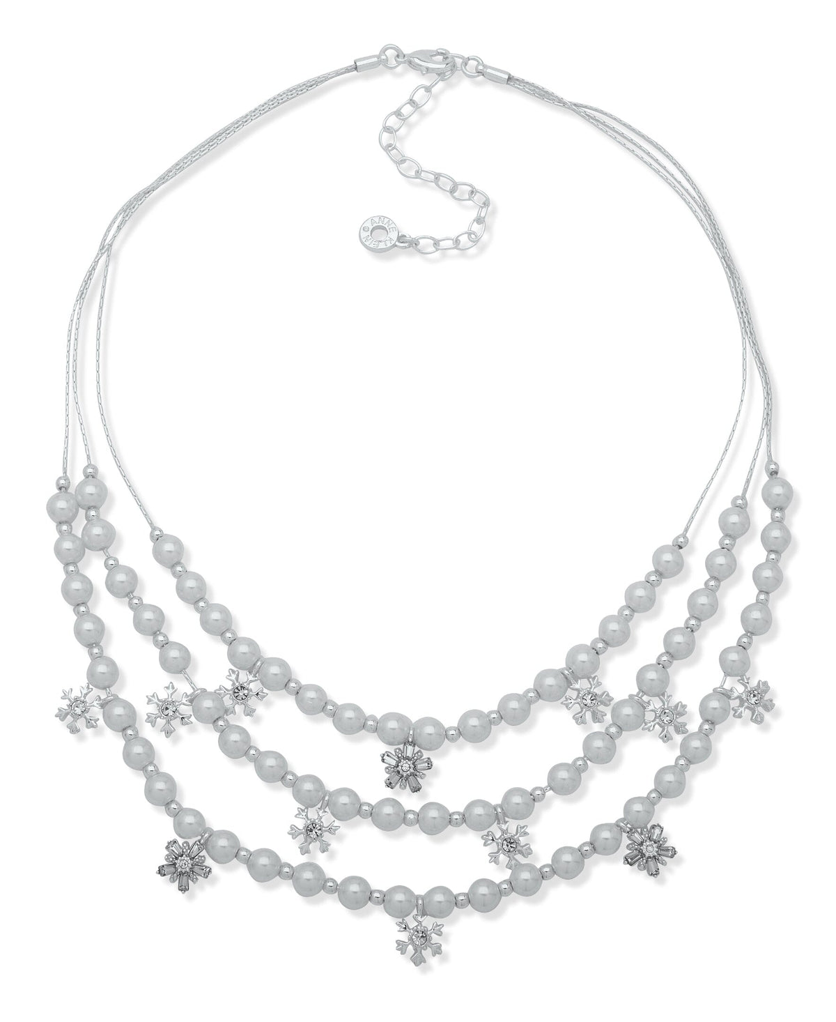 Anne Klein Silver Tone 3 Row Faux Pearl and Crystal Snowflake Necklace