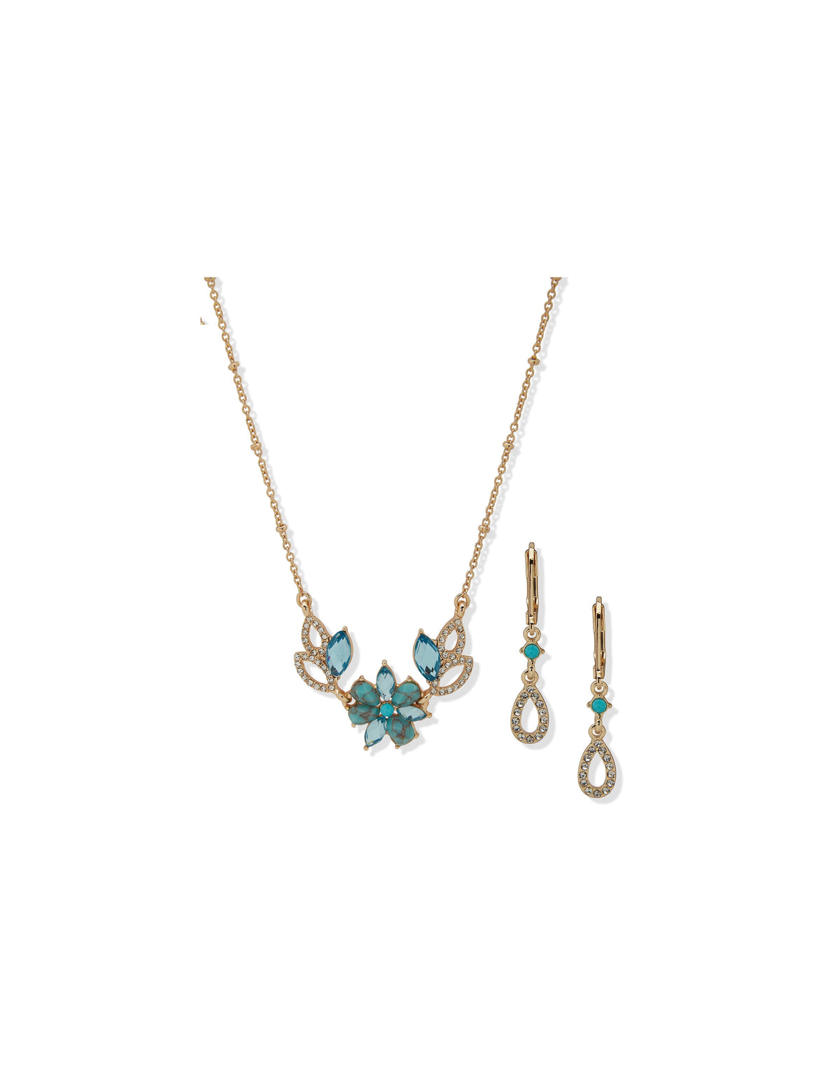 Anne Klein Gold Tone Turquoise Flower Necklace and Earring Set