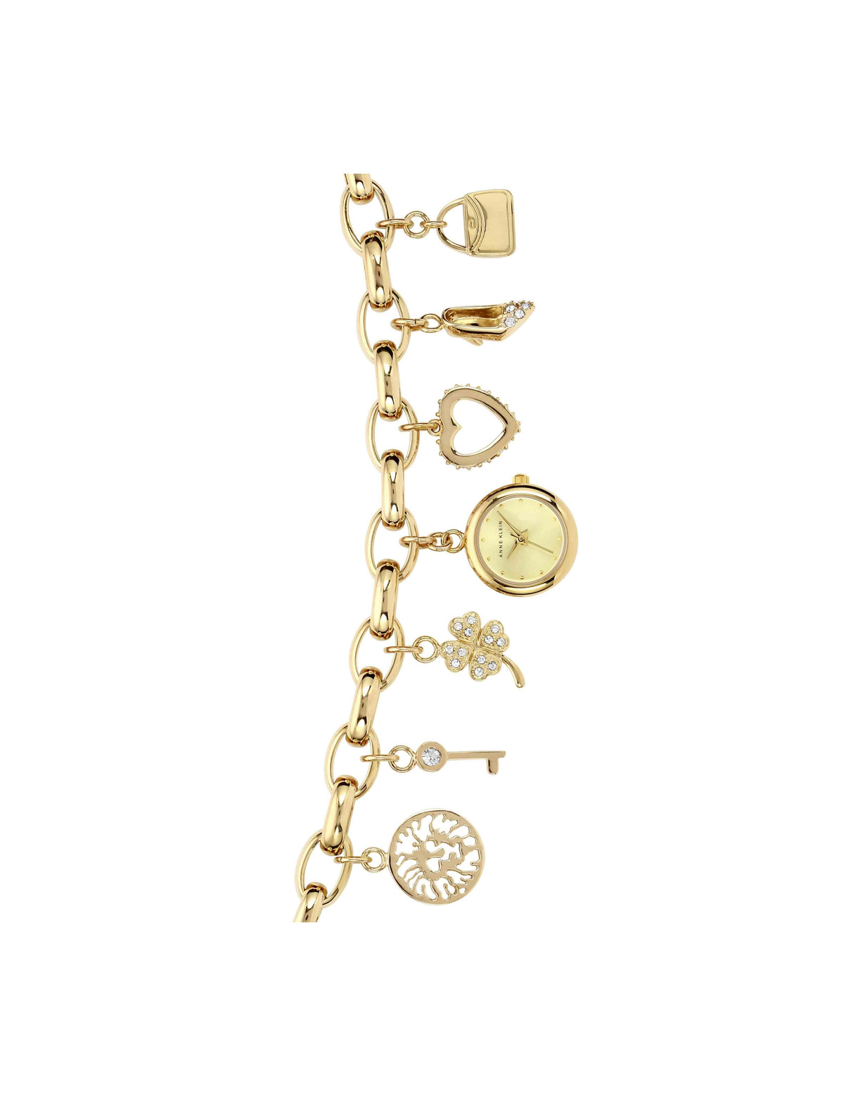 Anne Klein Gold-Tone Crystal Accented Charm Bracelet Watch