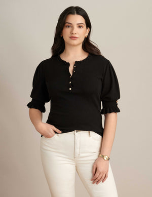 Anne Klein Anne Black Ruffle Sleeve Placket Pullover Top