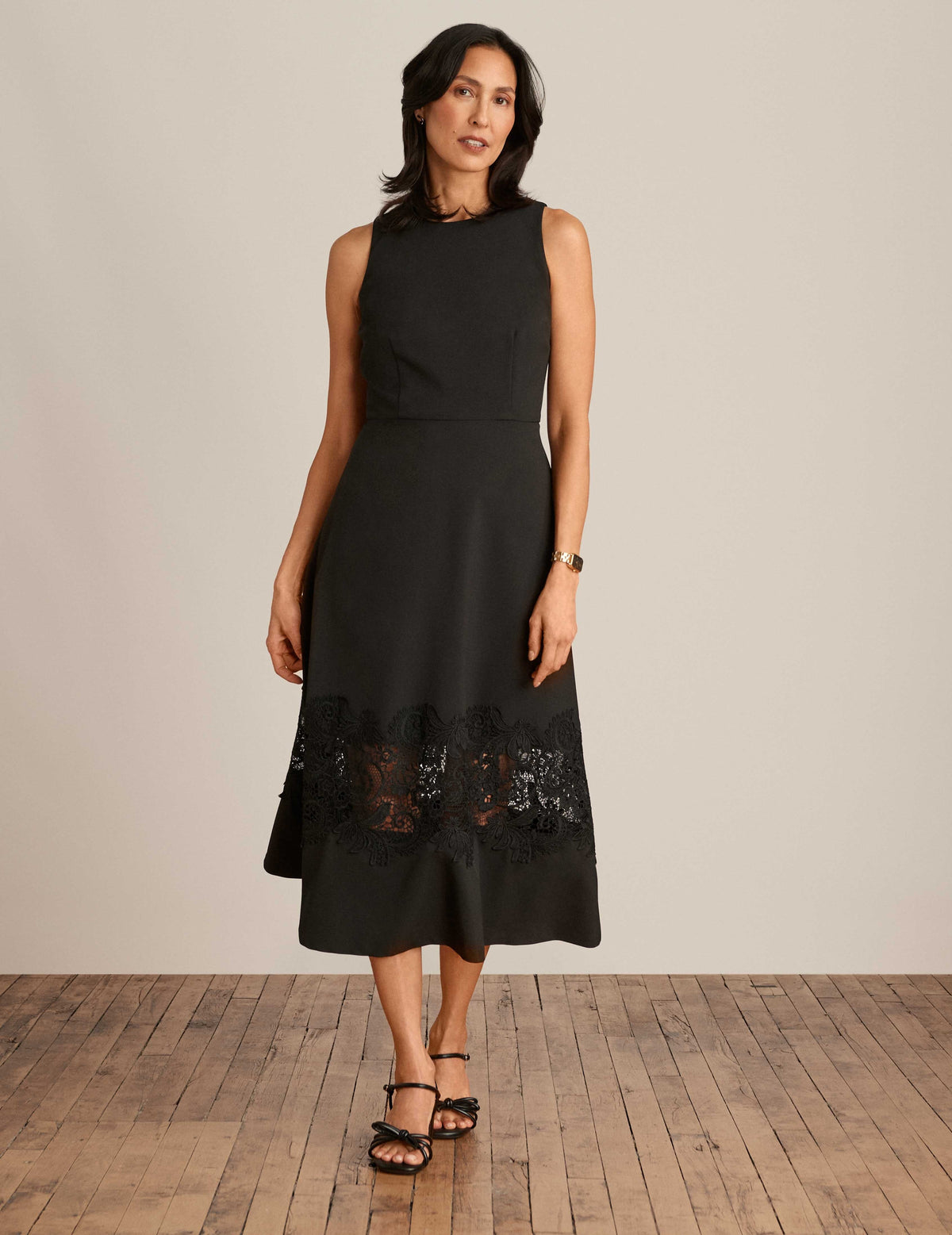 Anne Klein Anne Black Fit And Flare Midi Dress With Lace Detail