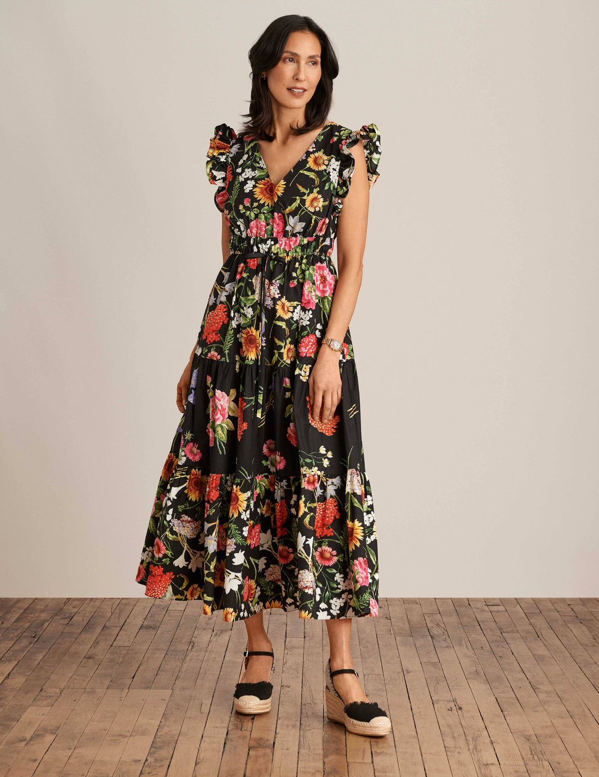 Anne Klein Anne Black Multi Drawstring Waist Tiered Maxi Dress