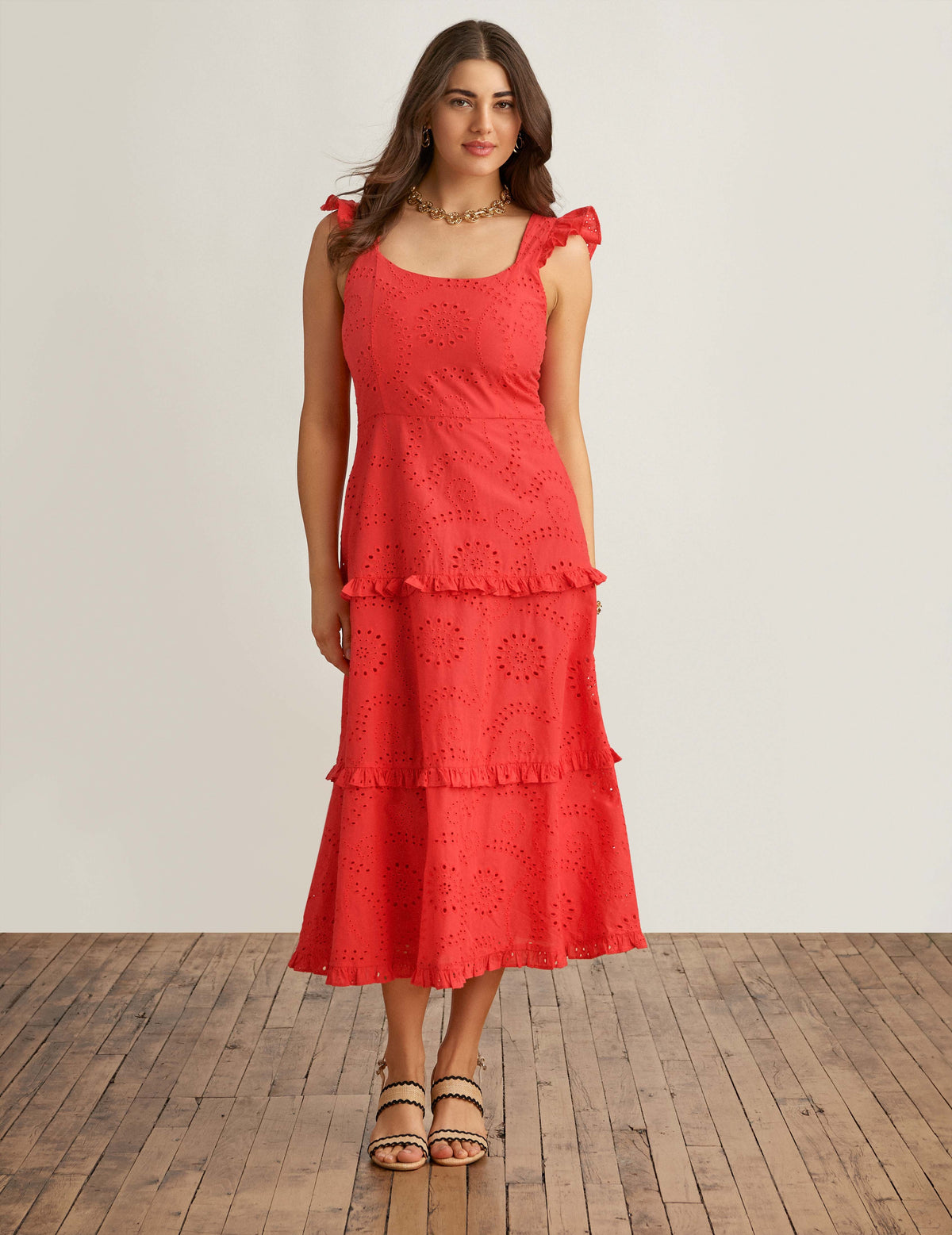 Anne Klein Hibiscus Red Ruffled Tier Midi Dress