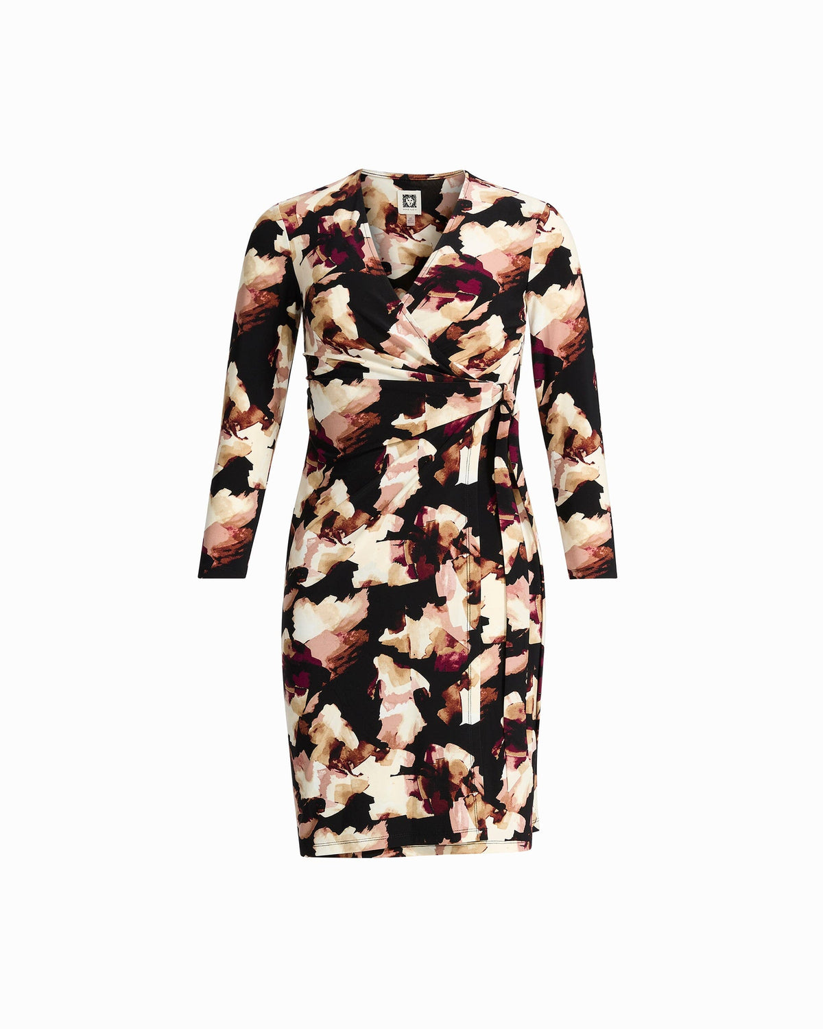 Anne Klein Anne Black Multi Long Sleeve Faux Wrap Dress