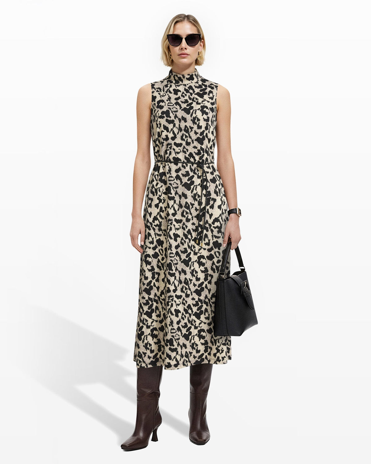 Belted Mock Neck Midi Dress Clothing Kasper