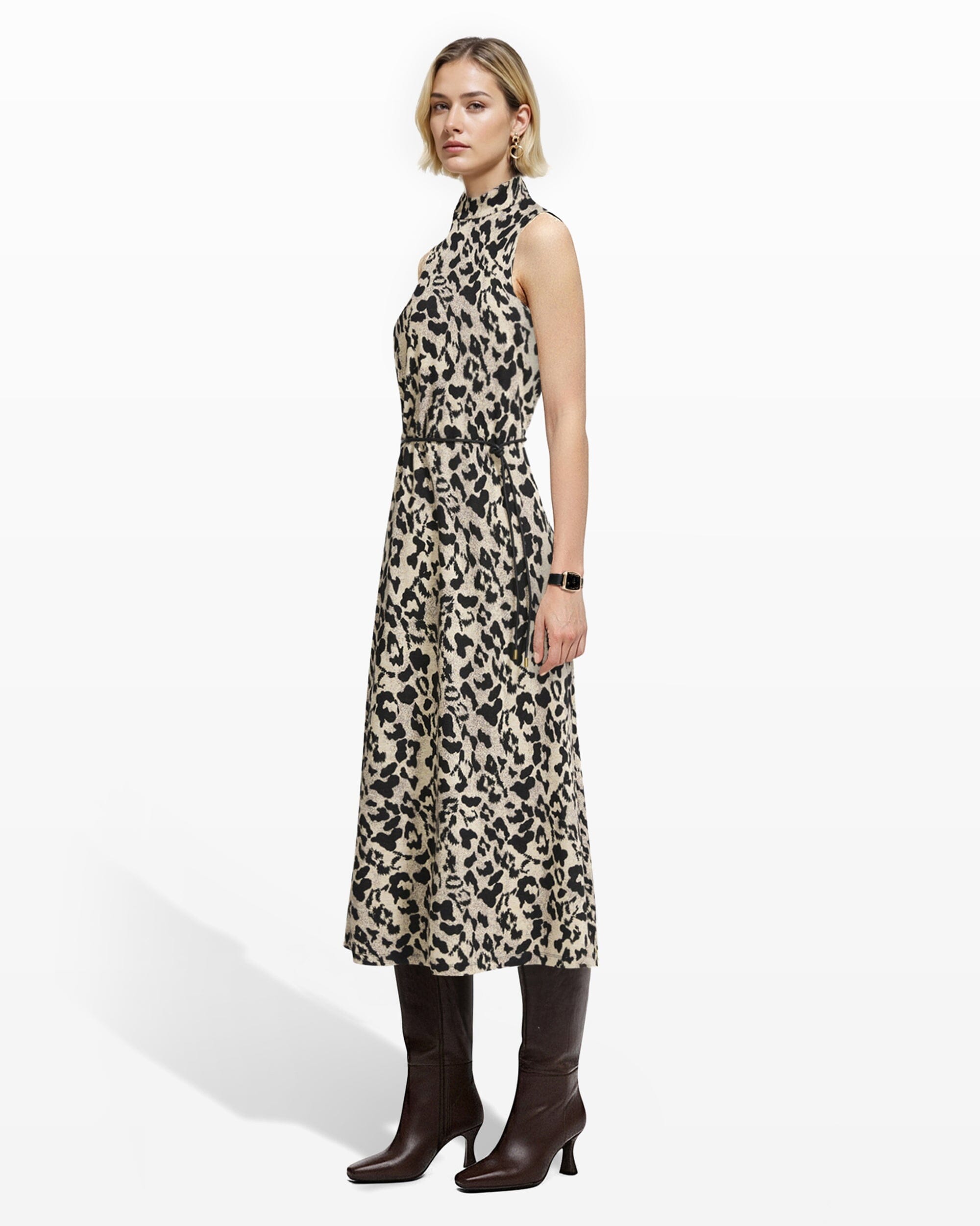 Belted Mock Neck Midi Dress Clothing Kasper