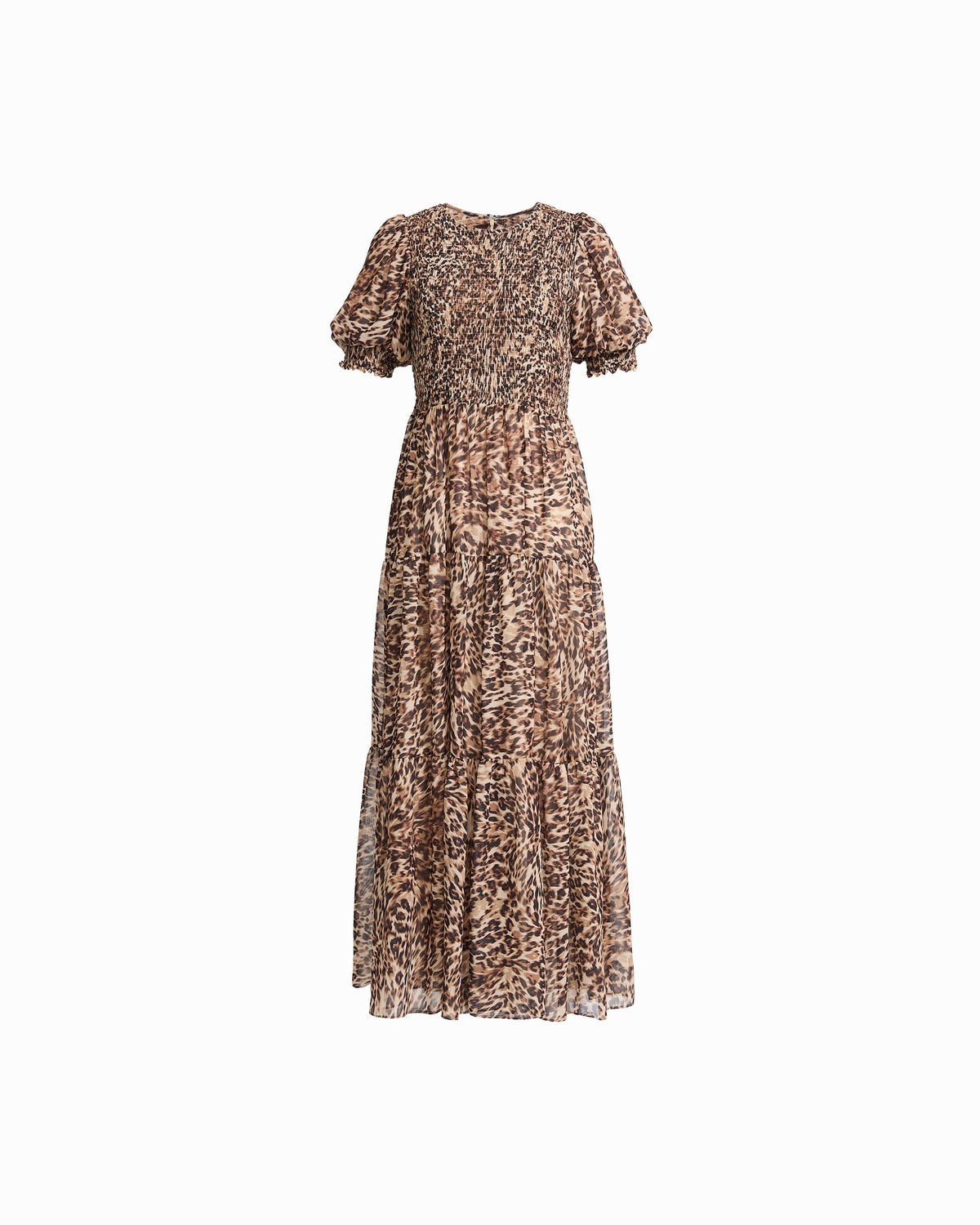 Anne Klein Light Coffee Multi Smocked Bodice Maxi Puff Sleeve Dress