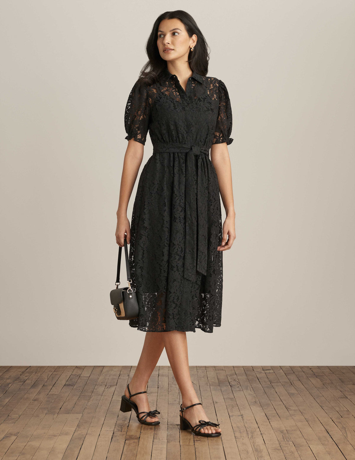 Anne Klein Anne Black Lace Midi Dress With Puff Sleeves