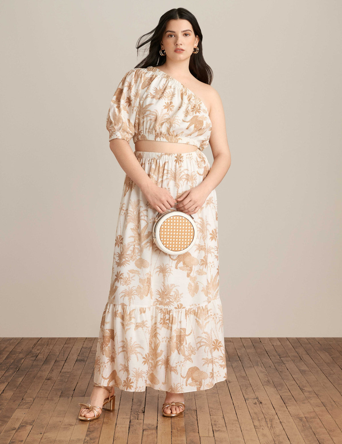 Anne Klein Egret/Desert Tan Multi One Shoulder Top and Maxi Skirt Set