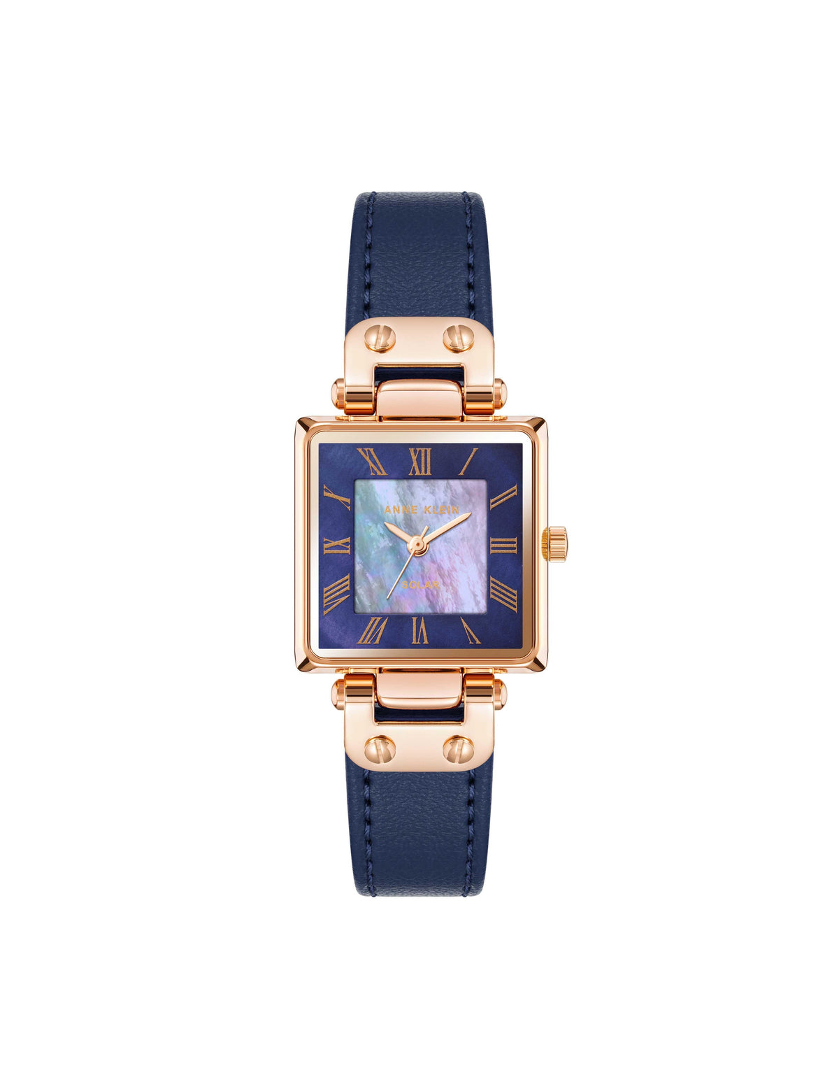 Anne Klein Navy&amp;Rose Gold-Tone Consider It Solar Square Leather Strap Watch