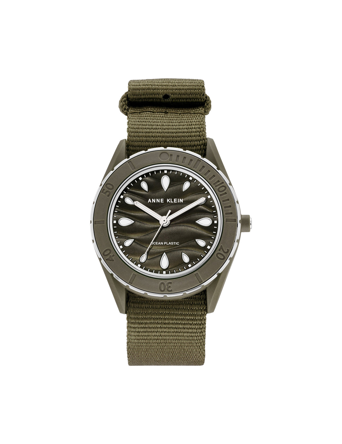 Anne Klein Silver-Tone/ Olive Green Consider It Solar Recycled Ocean Plastic Woven Strap Watch - Clearance