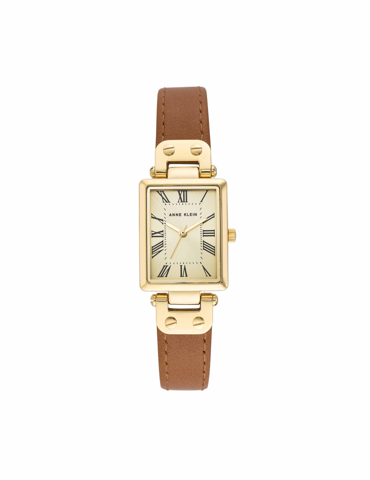 Anne Klein Brown&amp;Gold-Tone Rectangular Case Leather Strap Watch
