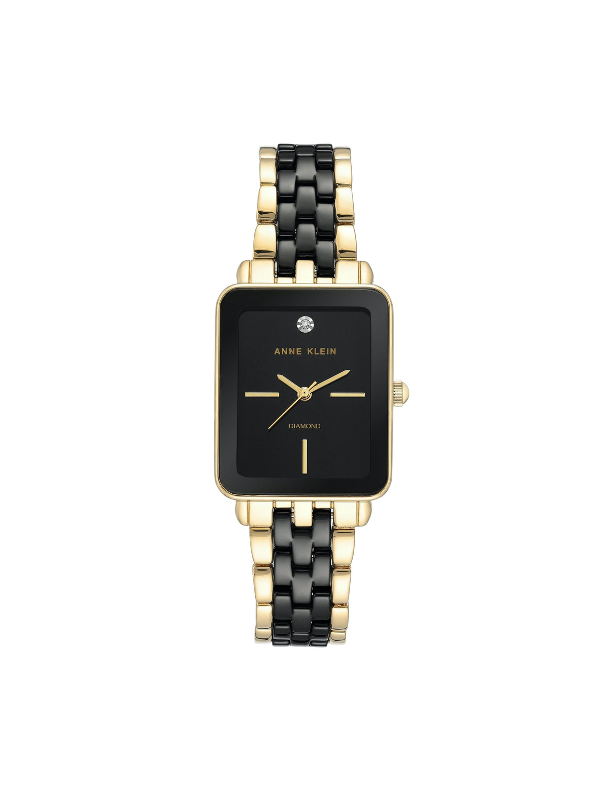 Anne Klein Black&amp;Gold-Tone Ceramic Diamond Dial Watch