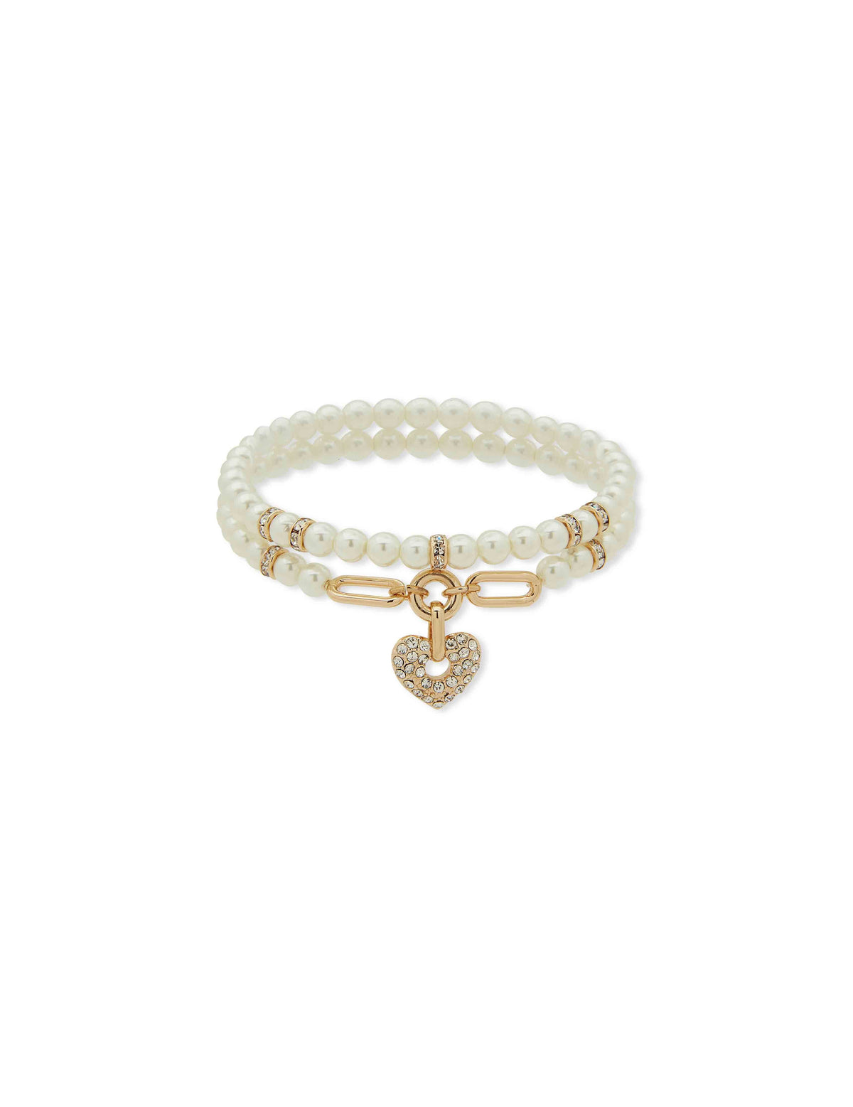 Anne Klein Gold Tone Heart Motif Bracelet - Pearl/Crystal