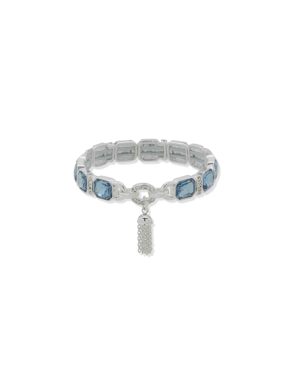 Anne Klein Silver Tone Emerald Cut & Bar Tassel Bracelet - Silver/Blue/Crystal