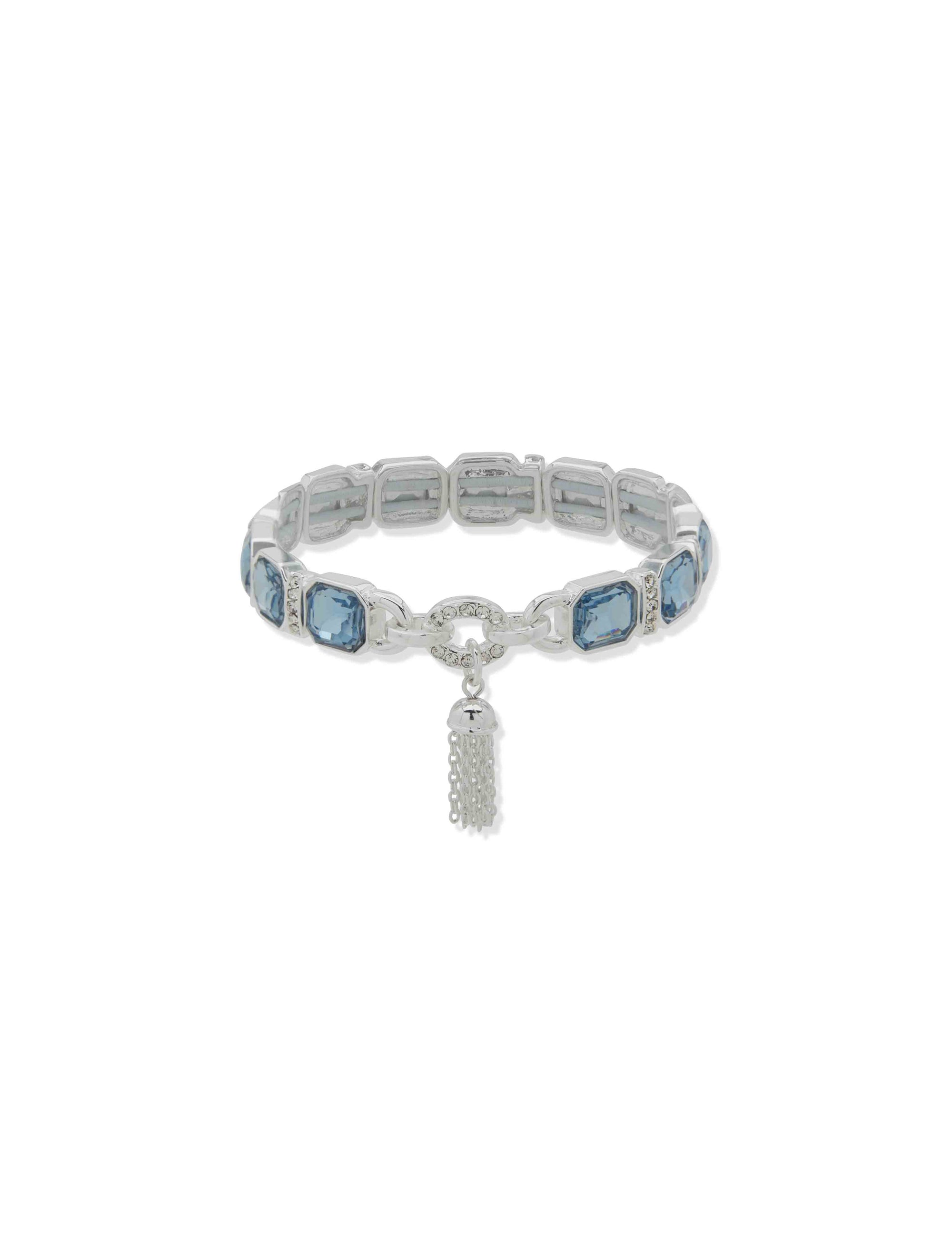 Anne Klein Silver Tone Emerald Cut & Bar Tassel Bracelet -Slv/Blue/Cry