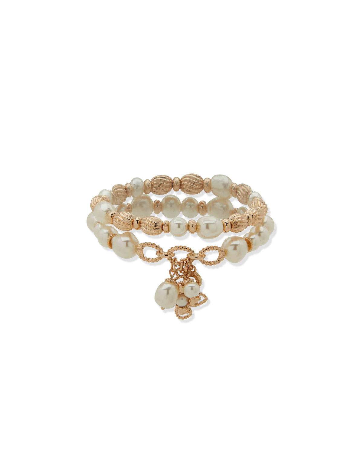 Anne Klein Gold Tone 2-Piece Floral Charm Bracelet Set, Gold/Pearl