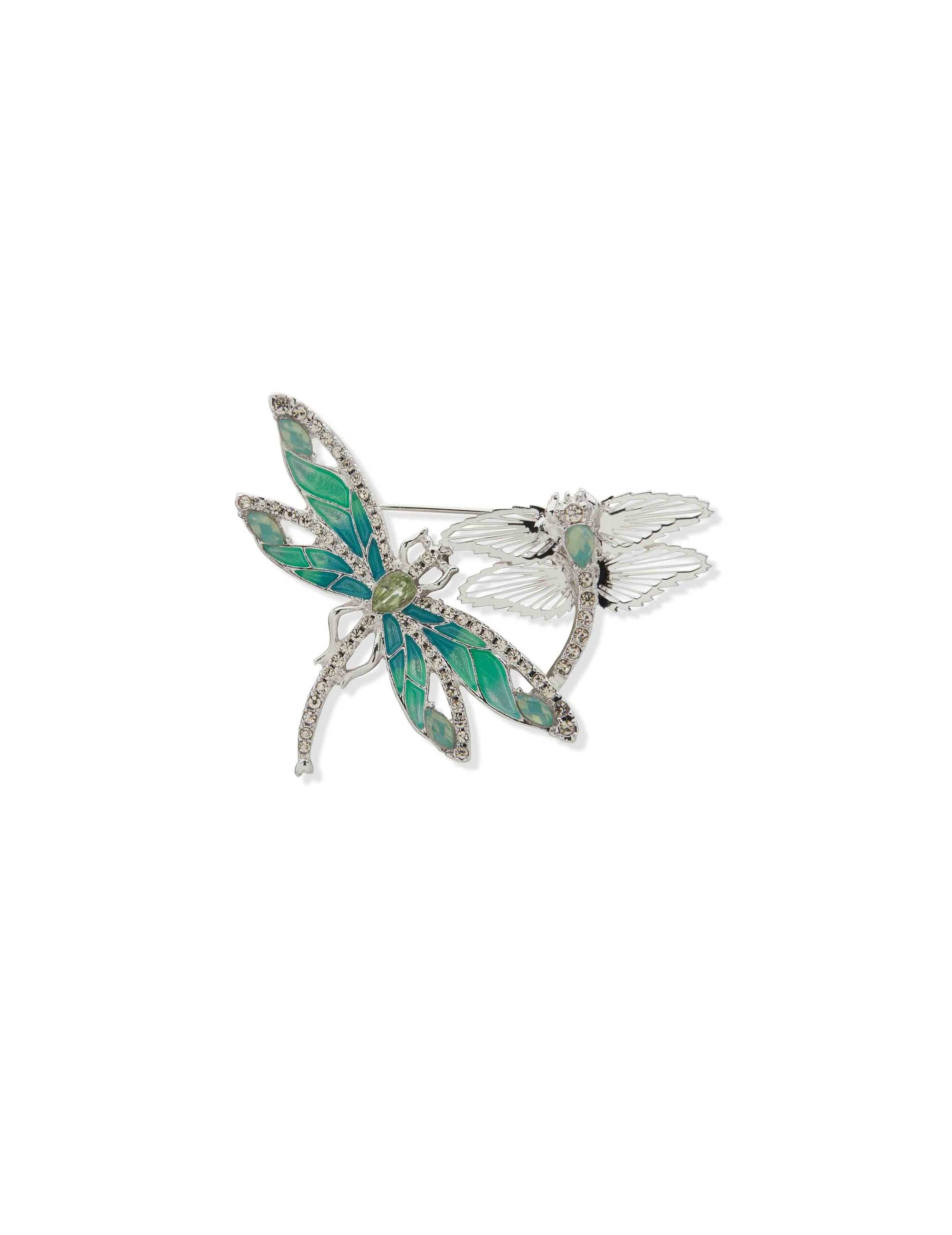 Anne Klein Silver Tone Flying Dragonflies Pin-Slv/Turq/Grn