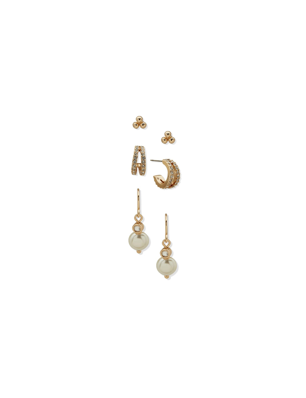 Anne Klein Gold Tone Pearl and Crystal Trio Pierced Earring Set