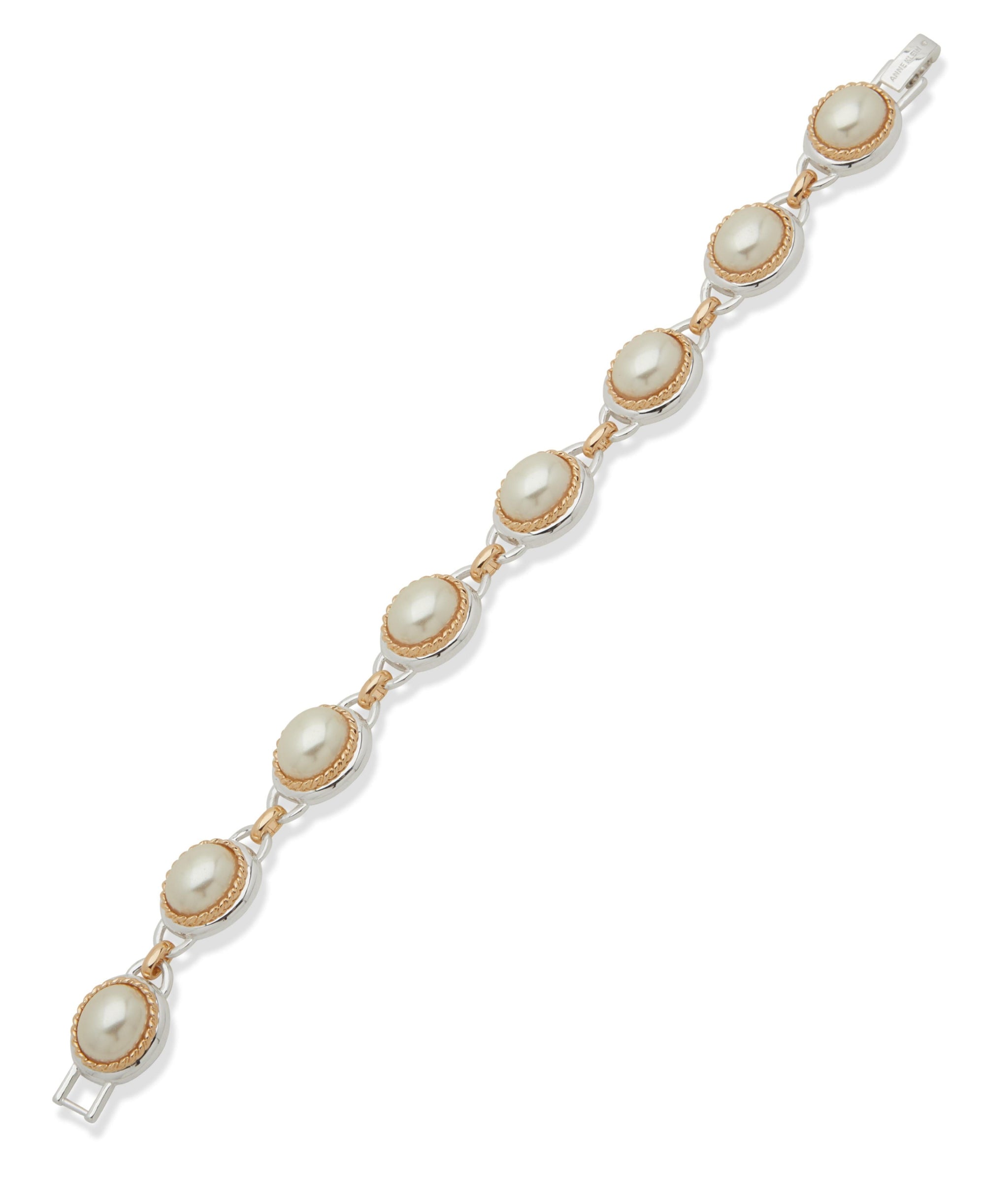 Anne Klein Two Tone Pearl and Metal Roping Cabochon Line Bracelet