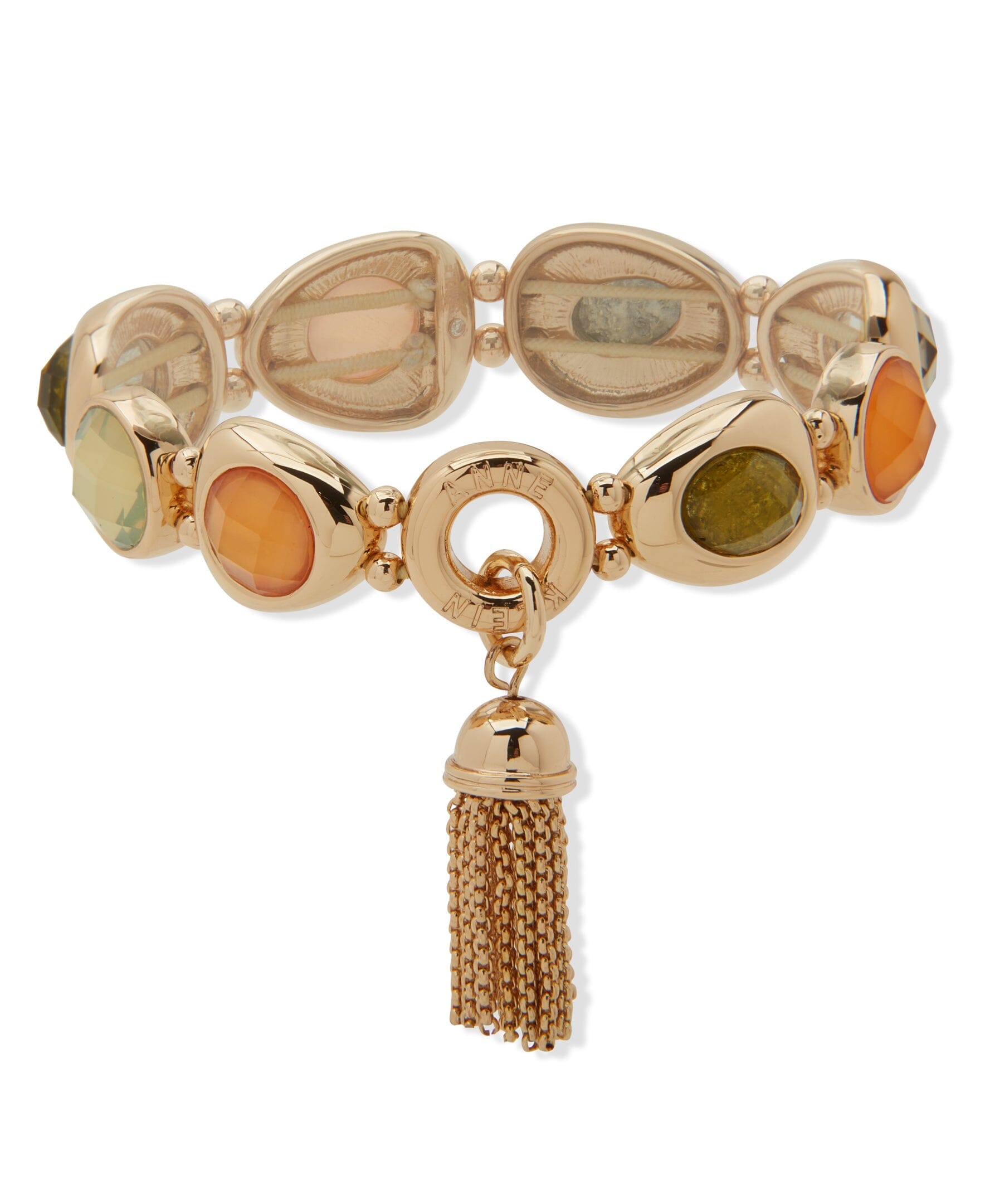 Anne Klein Gold Tone Stone and Metal Stretch Bracelet with Tassel