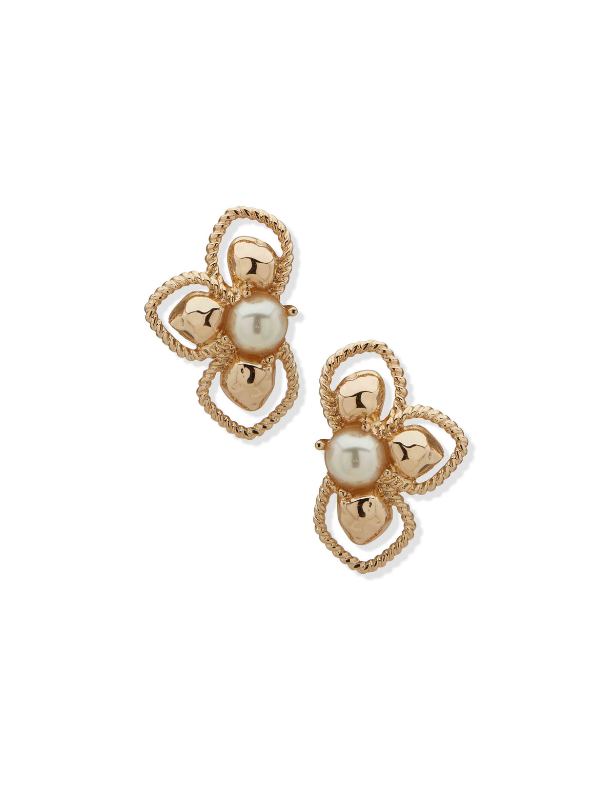 Anne Klein Gold Tone Openwork Hammered Floral Earrings in Gold and Pearl