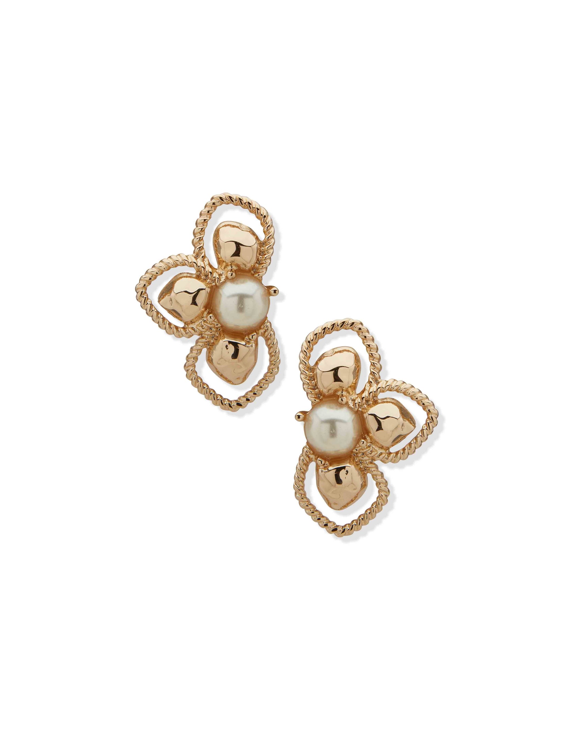 Anne Klein Gold Tone Openwork Hammered Floral Earrings-Gld/Prl
