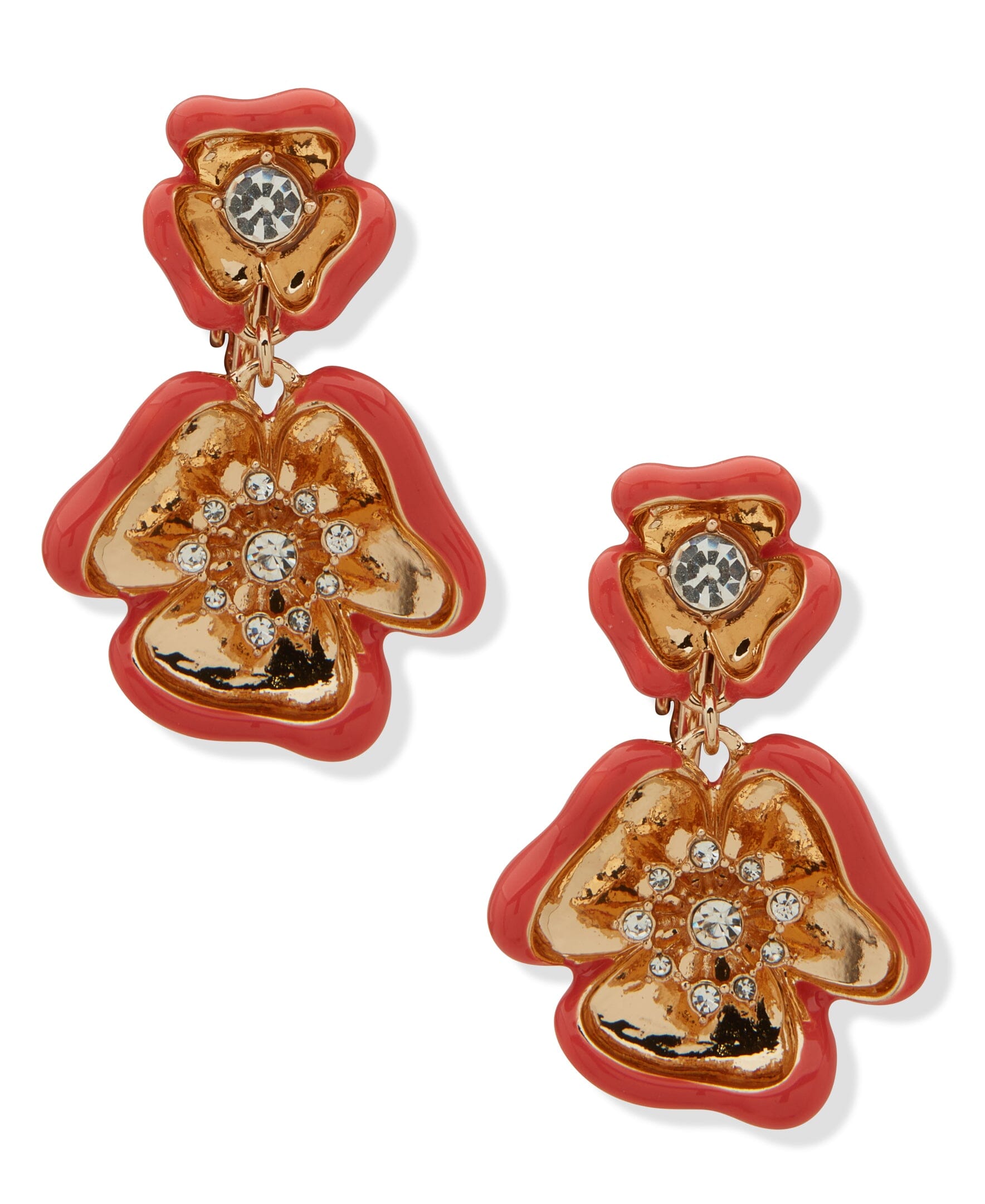 Anne Klein Gold Tone Textured Double Flower Drop Clip Earrings