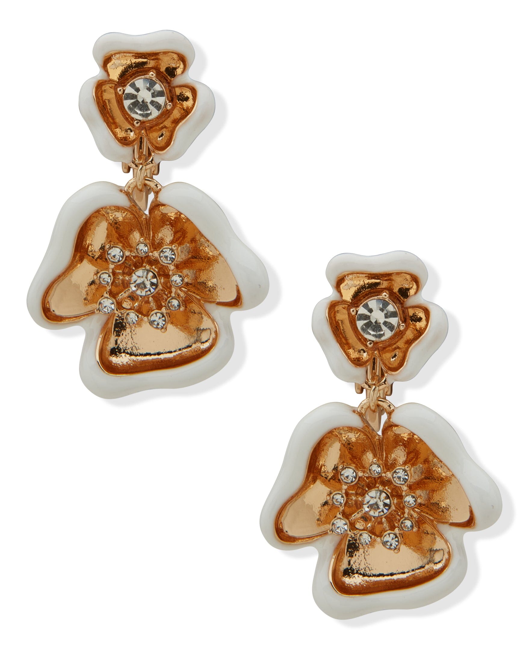Anne Klein Gold Tone Double Textured Flower Drop Clip Earrings
