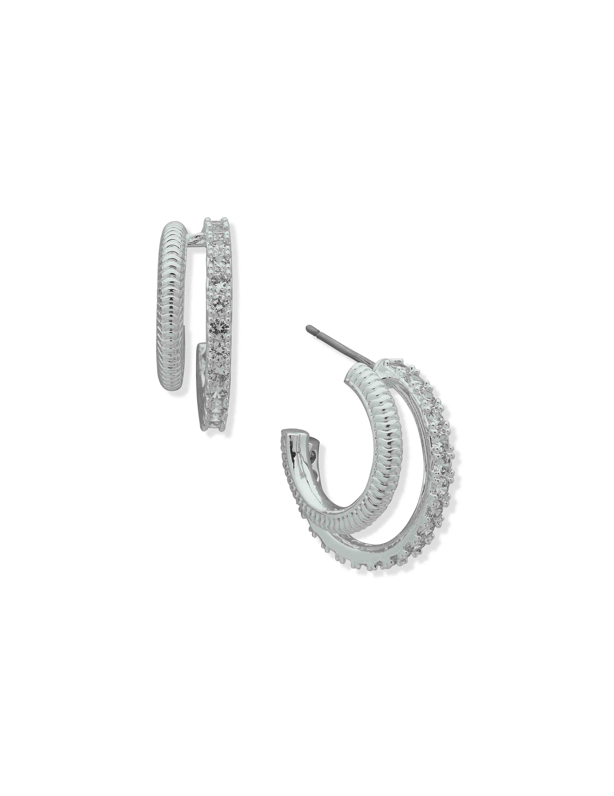 Anne Klein Silver Tone 20MM 2Row C-Hoop Crystal Earrings