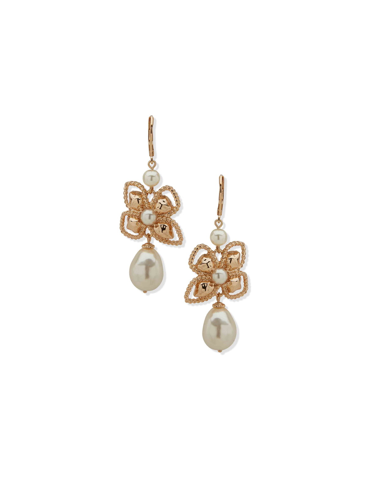 Anne Klein Floral Hammered Drop Earrings in Gold and Pearl