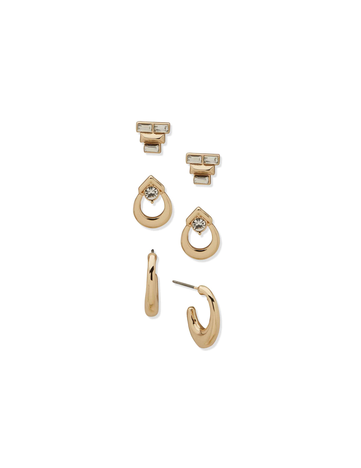 Anne Klein Gold Tone Metal & Stone Trio Earring Set in Gold/Crystal