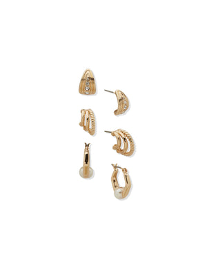 Anne Klein Gold Tone Mix Texture Trio Earring Set-Gld/Prl/Cry