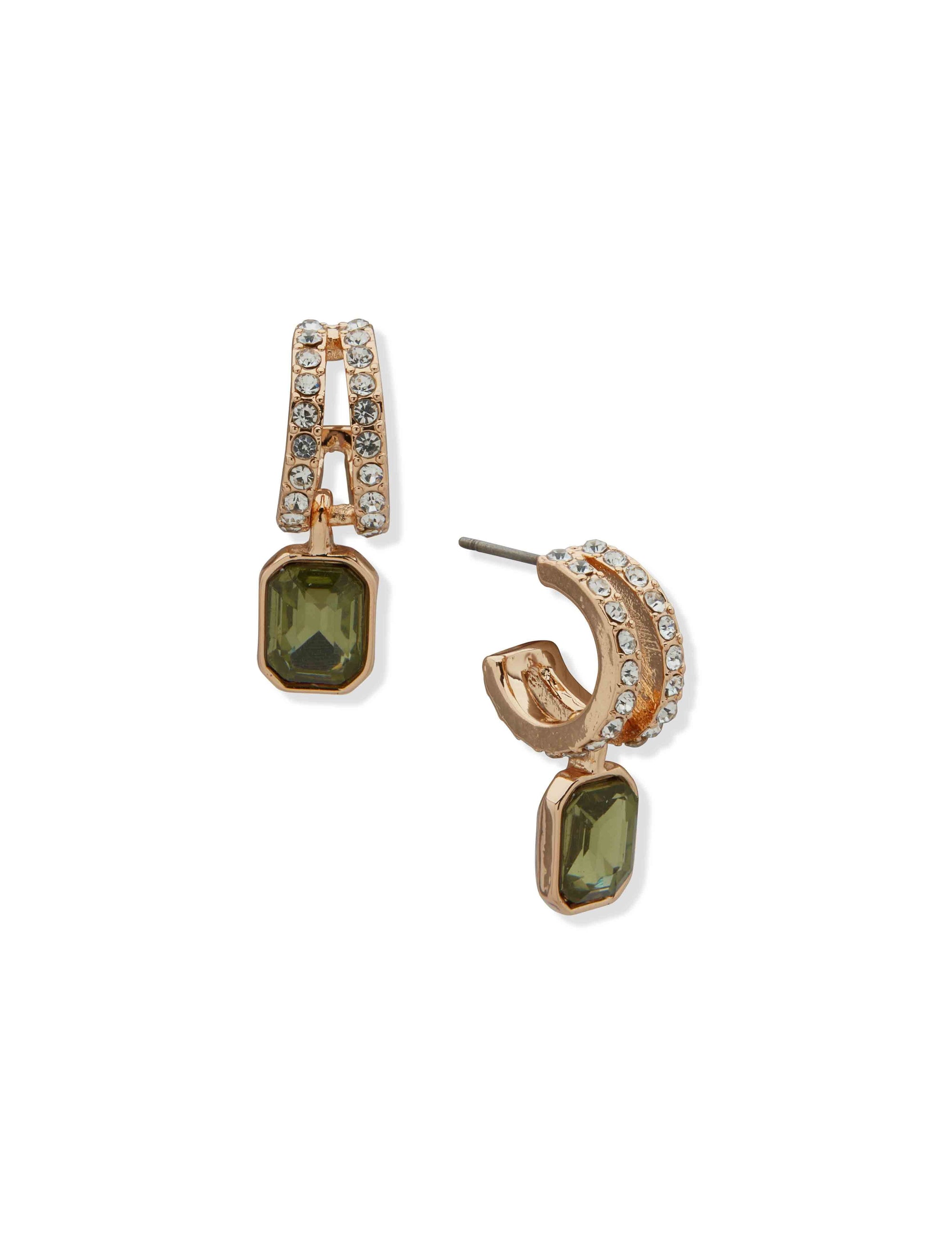 Anne Klein Gold Tone 13Mm Huggie & Emerald Stone Drop-Gld/Khaki/Cry
