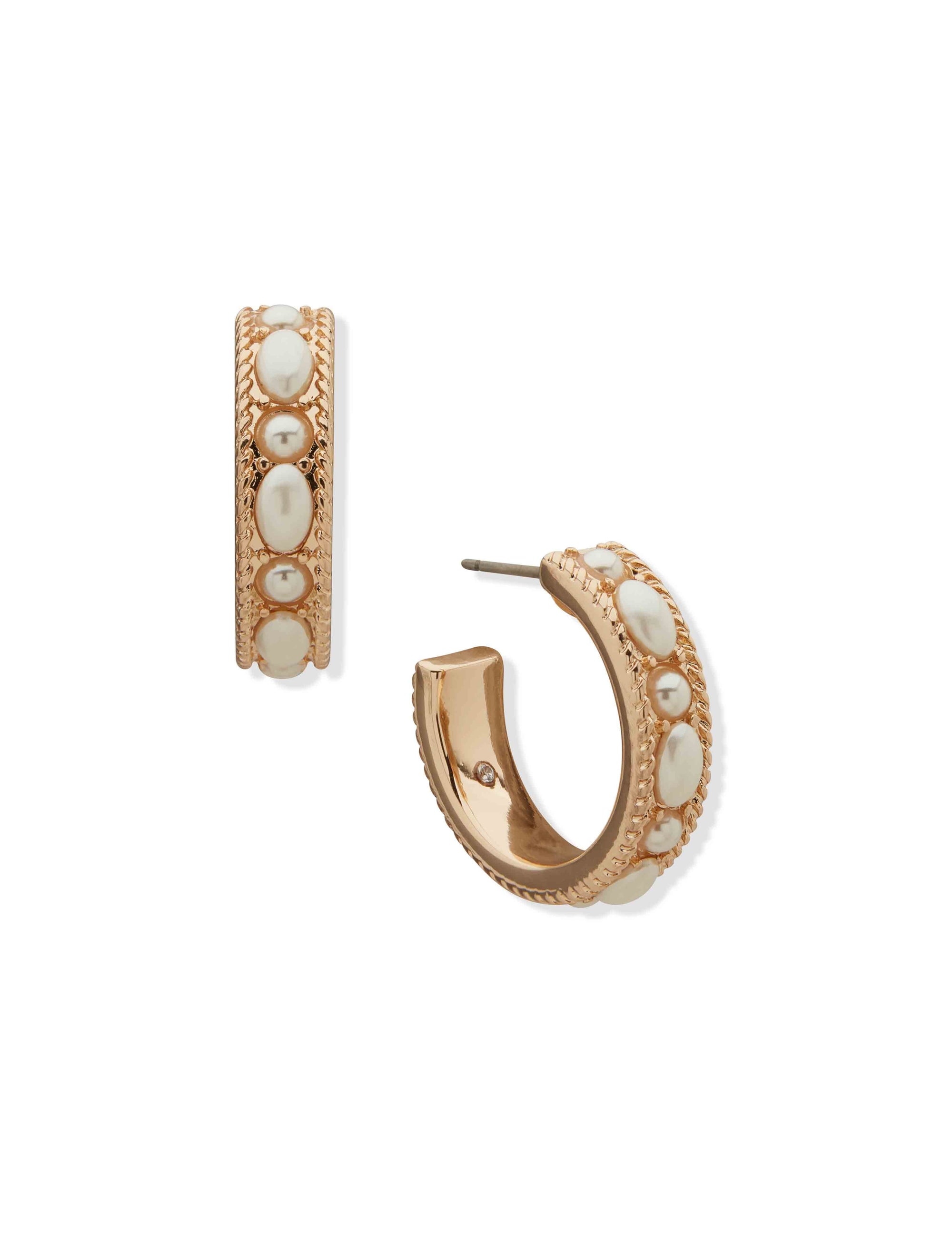 Anne Klein Gold Tone 22Mm Rope Texture & Prl Huggie Earring-Gld/Prl