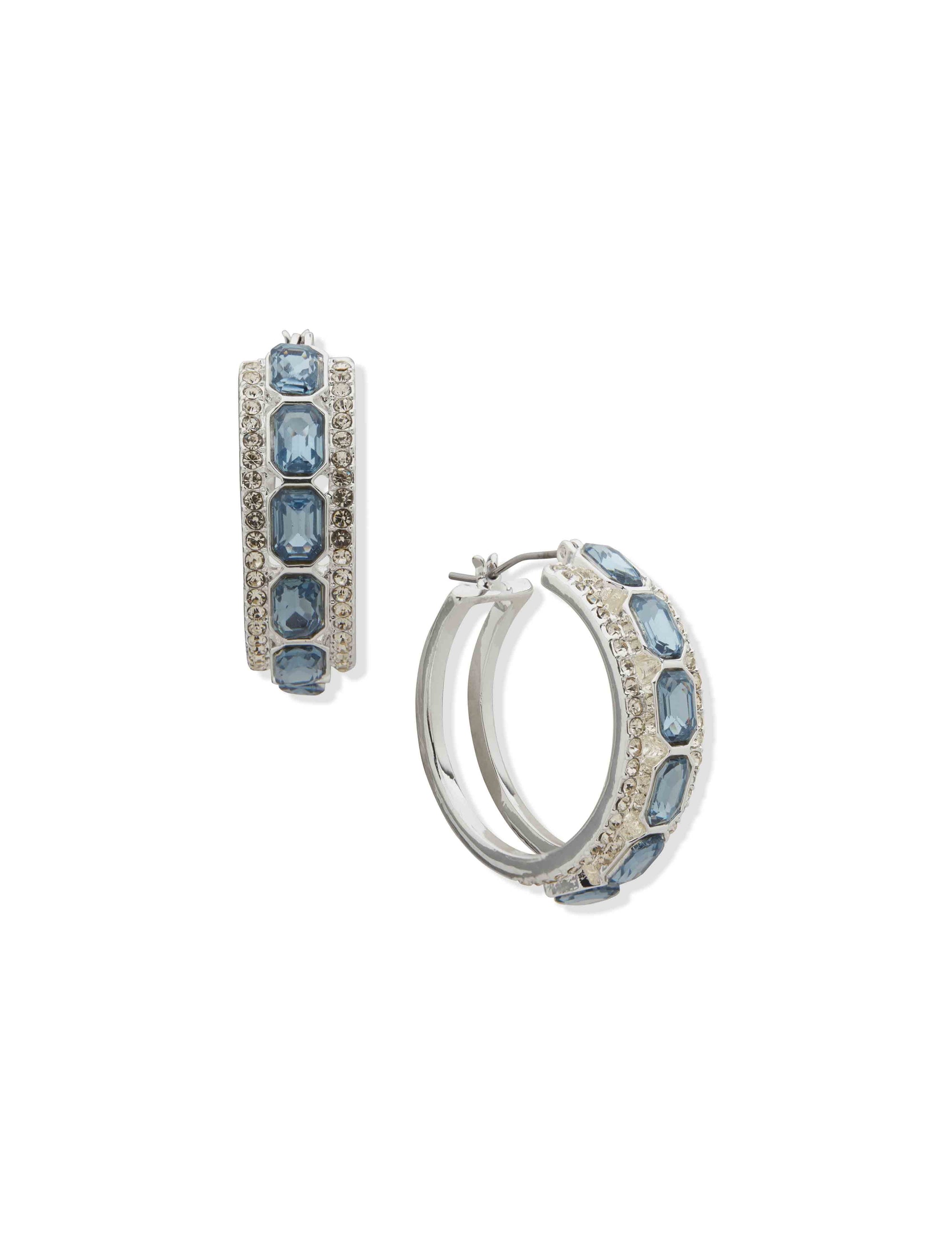 Anne Klein Silver Tone Emerlad Cut Stone Hoop Earring-Slv/Blue/Cry