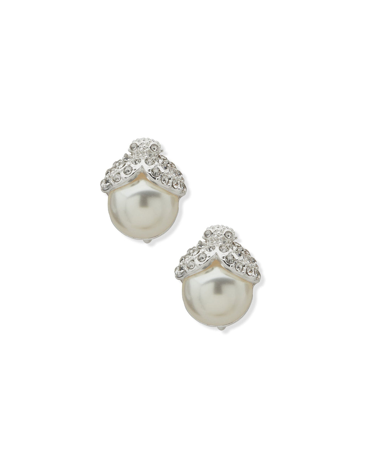 Anne Klein Silver Tone Pearl with Stone Cap Button Clip Earrings