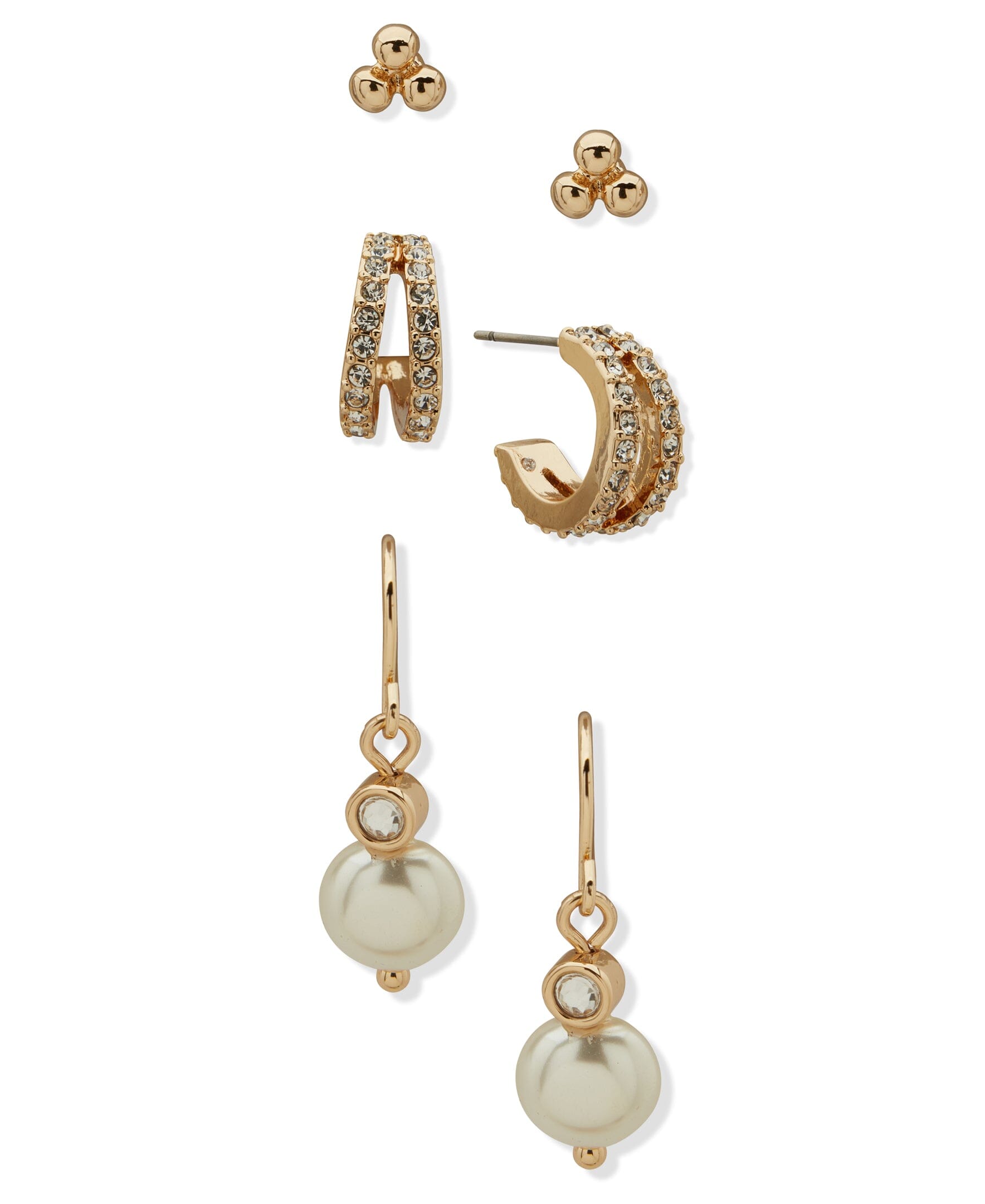 Anne Klein Gold Tone Pearl and Coin Trio Pierced Earrings