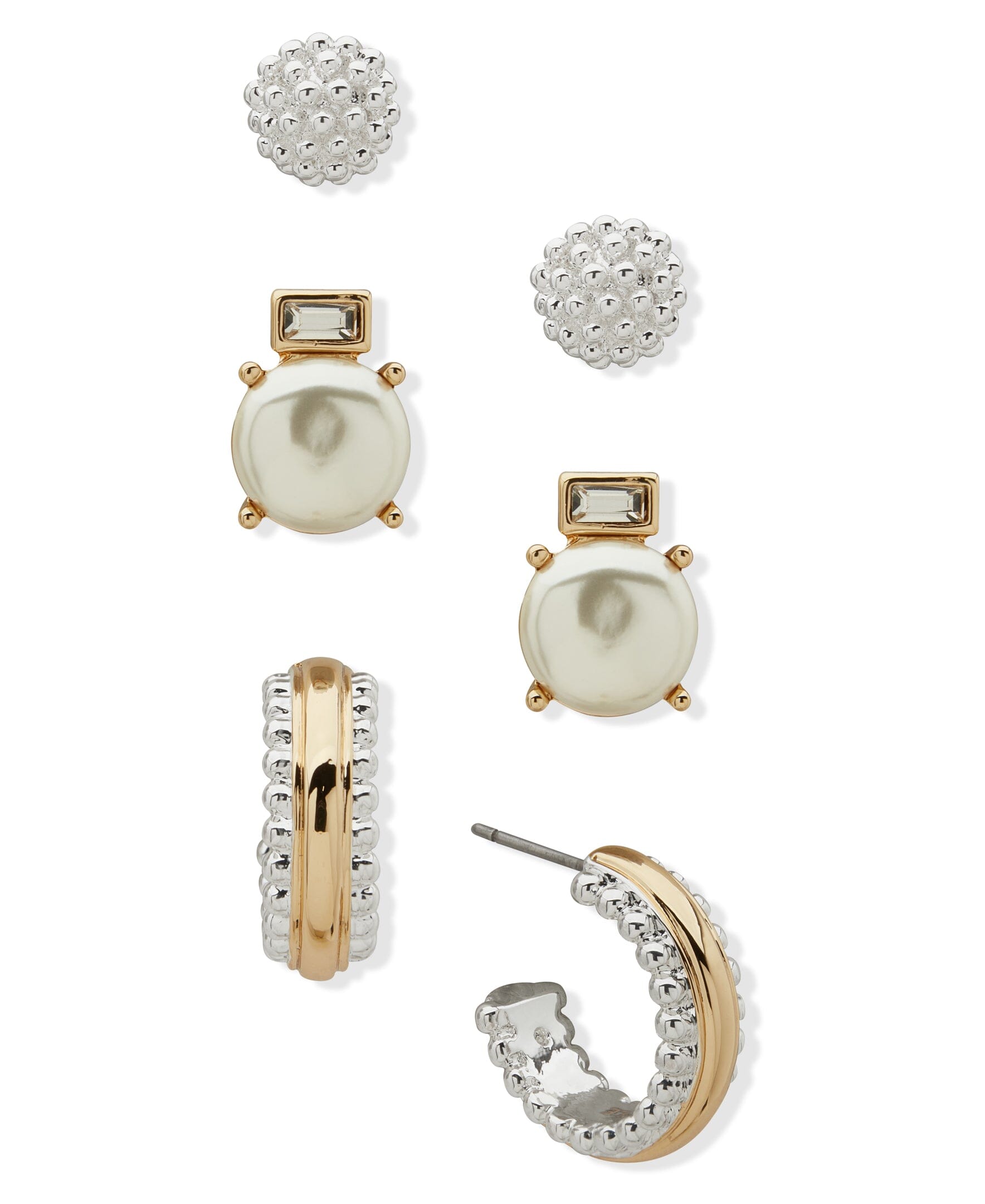Anne Klein Two Tone Bead and Pearl Trio Pierced Earrings