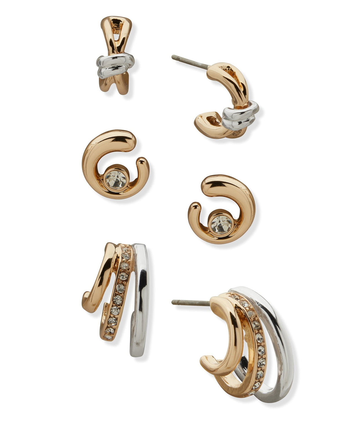 Anne Klein Two Tone Criss Cross and Swirl Trio Pierced Earrings