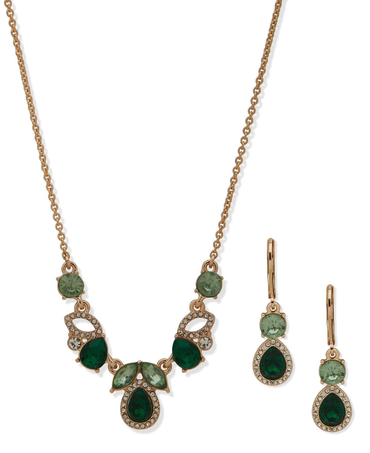 Anne Klein Gold Tone Green Stone Necklace and Earring Set