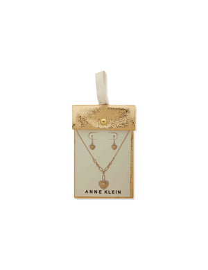 Anne Klein Gold Tone Heart Charm Necklace and Earring Pouch Set
