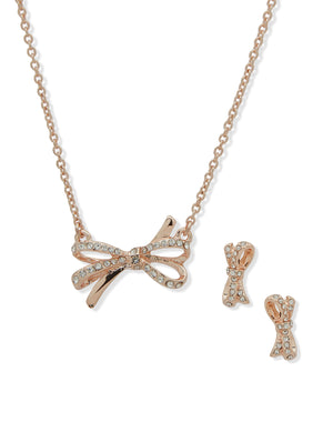 Anne Klein  Rose Gold Bow Necklace and Earring Set in Pouch