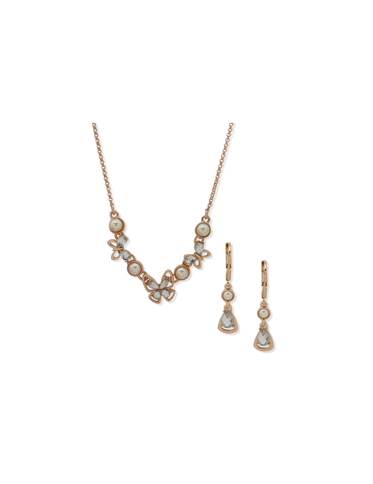 Anne Klein Gold Tone Butterfly Frontal Crystal Necklace and Earring Set