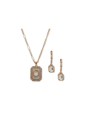 Anne Klein Gold Tone Emerald Cut Stone Pendant Necklace and Earring Set