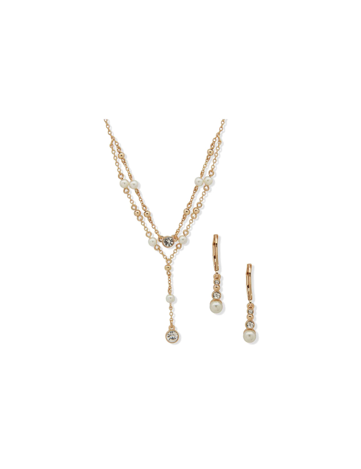 Anne Klein Gold Tone Stationed Stones Earring/ Necklace Set-Blanc Pearl