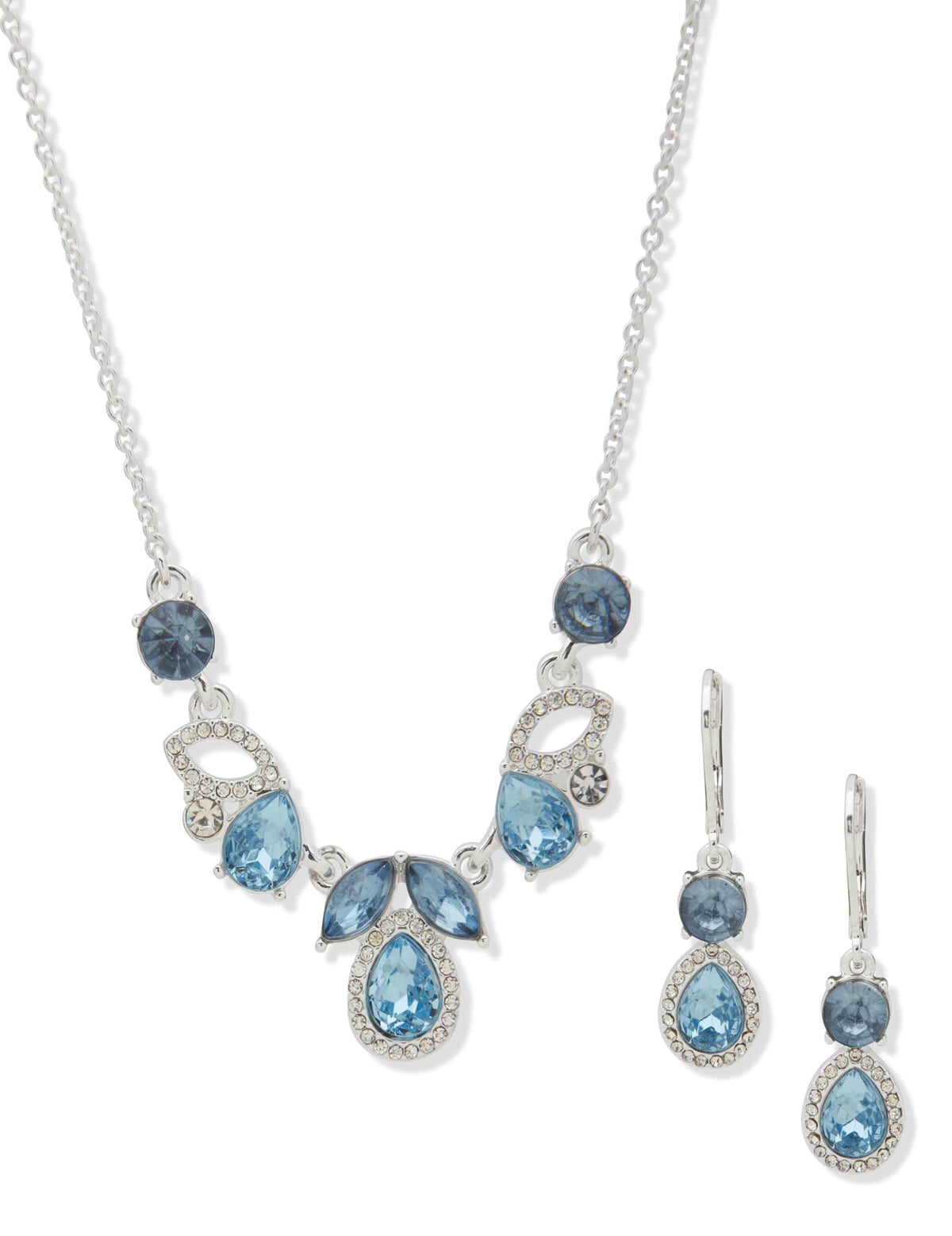 Anne Klein Silver Tone Cluster Pendant Necklace & Earring Set - Denim Blue
