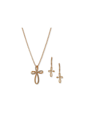Anne Klein Gold Tone Infinity Cross Pendant Necklace & Earring Set -Gld/Cry
